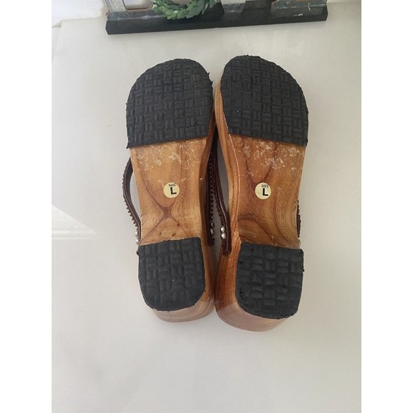 Wooden Womens Thong‎ Sequined Tropical Floral Painted Sandals Size L/9 Vintage - Picture 6 of 16